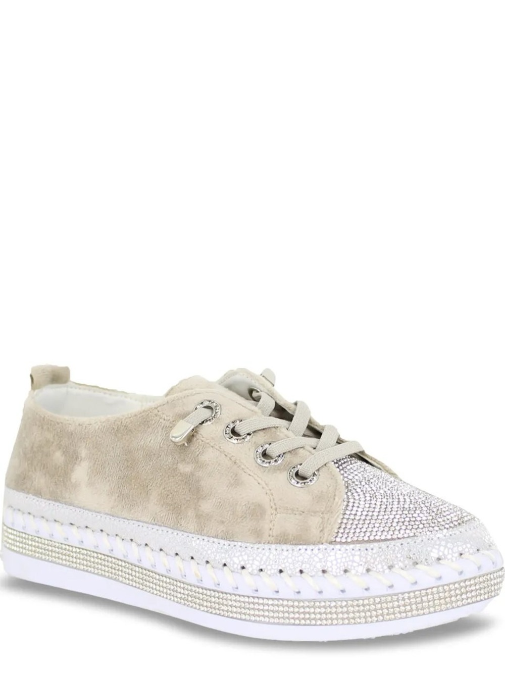 Bernie Mev. Beige Suede Crystal-Toe Low-Top Sneaker
